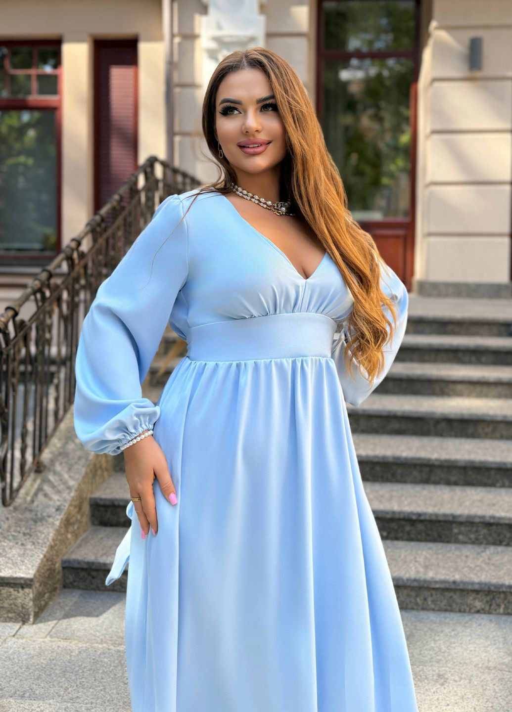 Голубое праздничный, коктейльное, вечернее вечернее платье макси с длинными рукавами из тиара клеш, колокол, а-силуэт No Brand однотонное