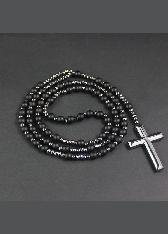 Чётки из натуральных камней с крестом — 70 см, унисекс-аксессуар из обсидиана, тигрового глаза и лазурита No Brand (338379216)