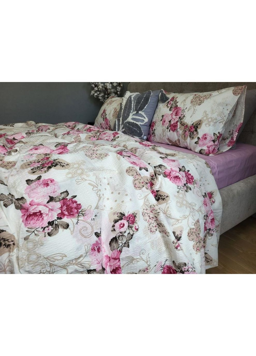 Постільна білизна з резинкою Мірра рожевий DUO, ранфорс гофра (жатка) Полуторний розмір, наволочки 50/70 No Brand (364214828)
