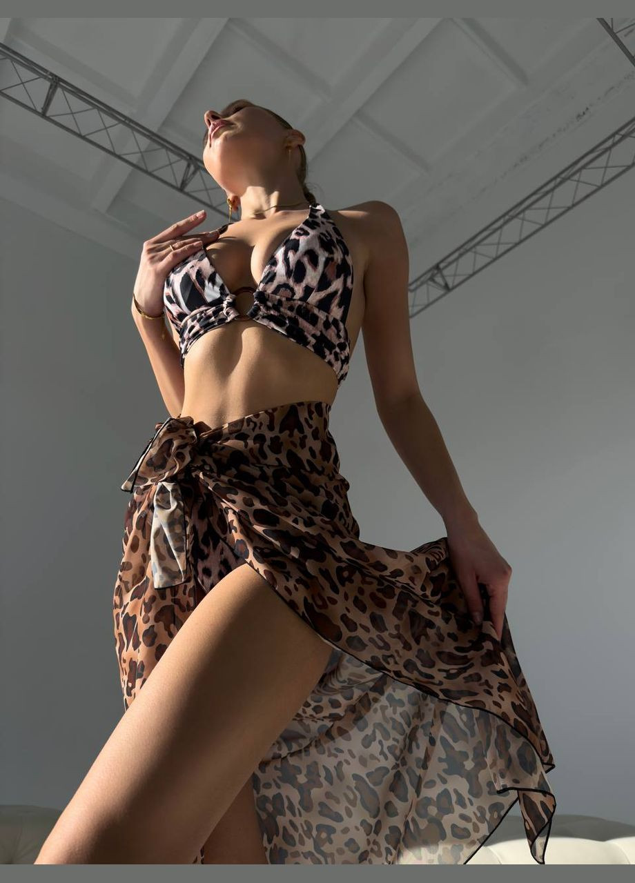 Бежевий літній трендовий купальник лео з парео роздільний Vakko