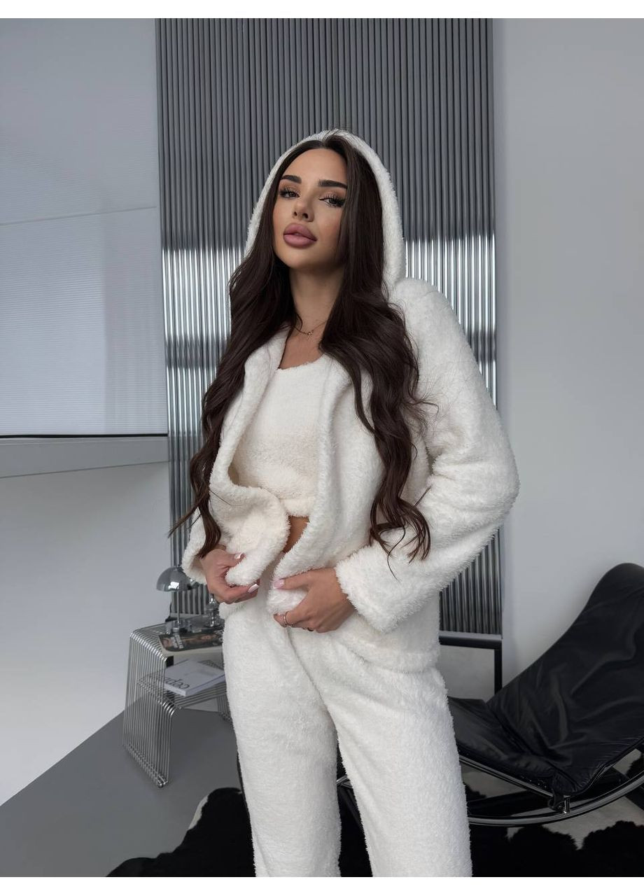 Молочная зимняя пижама 349 тройка турецкая двухсторонняя махра топ,штаны, кофта с капюшоном Україна