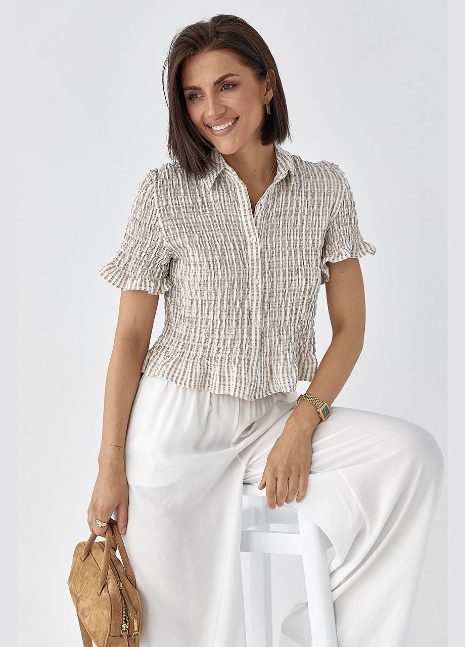 Кофейная полосатая блуза с эффектом жатки Lurex