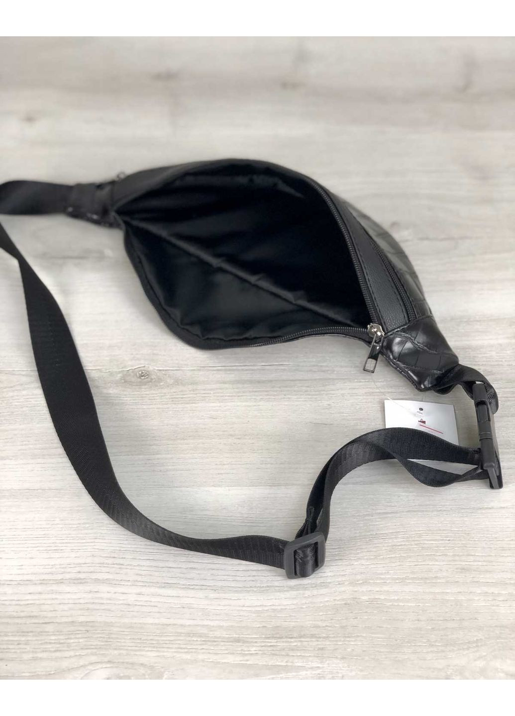 Жіноча сумка бананка чорний крокодил екокожа молодіжна сумка на пояс з двома відділеннями ProDobro (367264511)