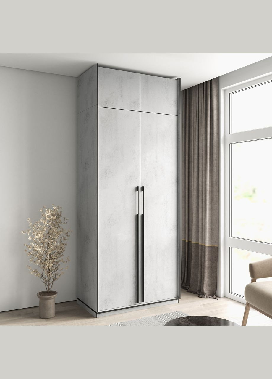 Шафа розпашна на дві дверки з полицями, шухлядами та антресоллю R-0013 від Бетон Тефра MORELI (335424269)