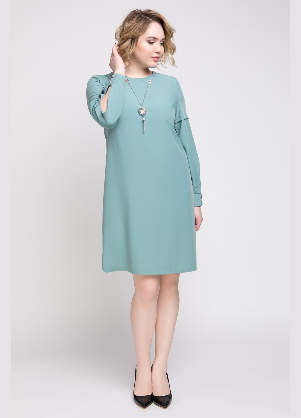 Голубое праздничный женское синее платье-трапеция с рукавами 3/4 и декоративной подвеской all posa (ap1320-2p) A'll Posa