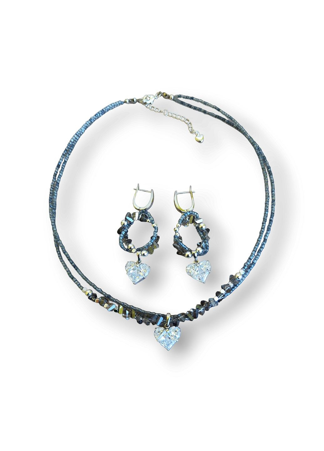 Набір чокер та сережки срібно-блакитного кольору з підвіскою серце (CH37) Ksenija Vitali фіаніт бісер (290187207)