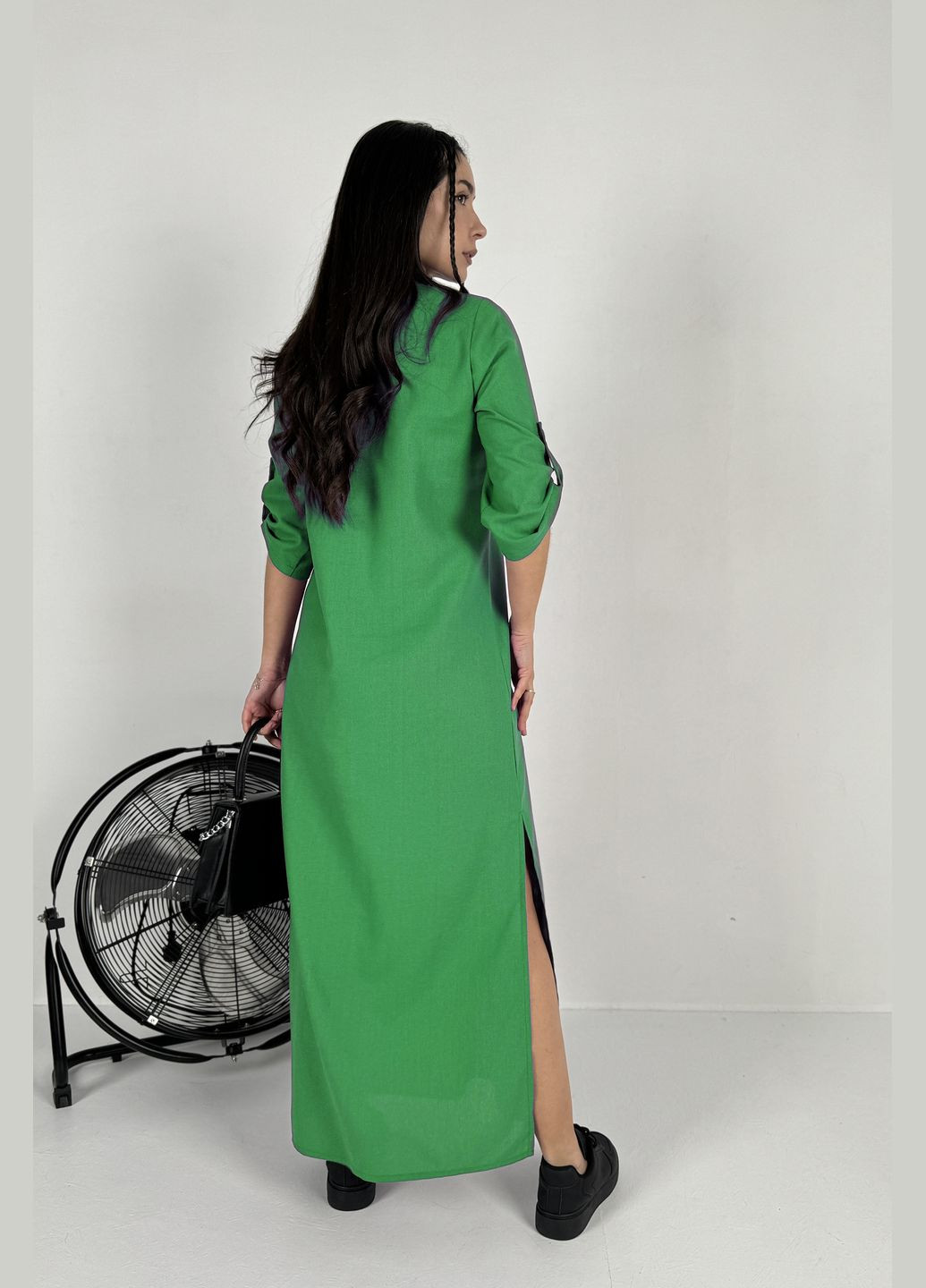 Зелена повсякденний, кежуал стильна літня повсякденна сукня з льону INNOE однотонна