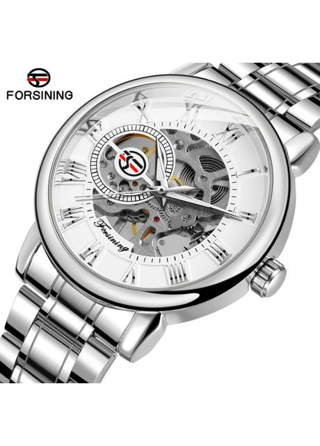 Чоловічий механічний годинник Forsining класичний з прозорою задньою кришкою срібло з білим (sku_1761СБ) No Brand (350906556)
