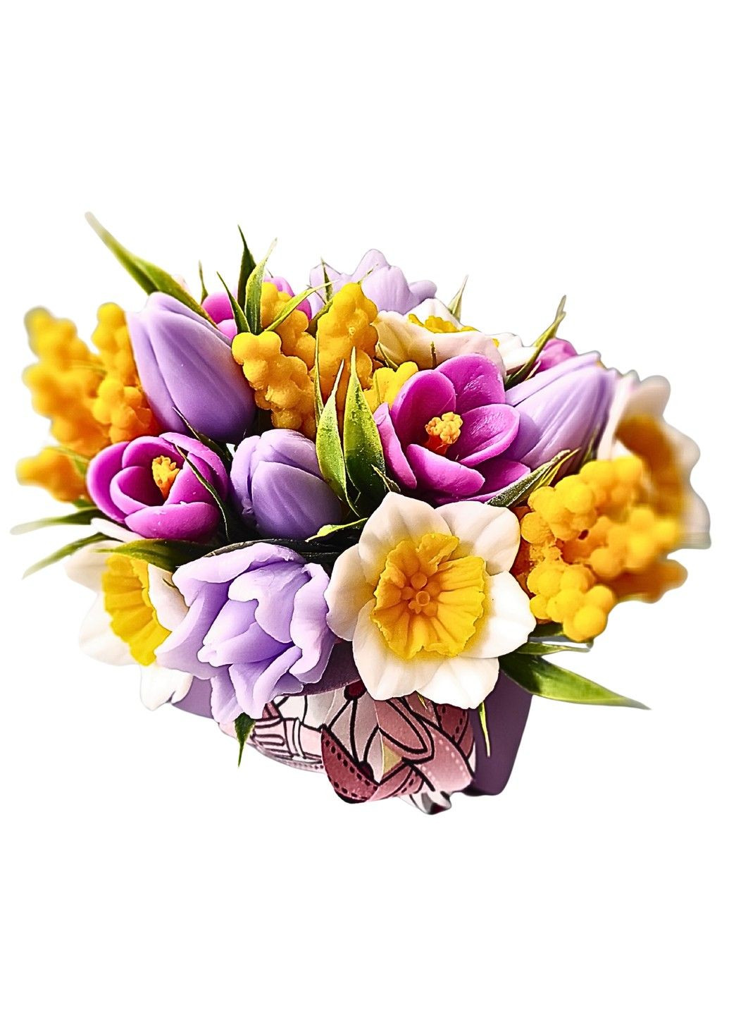 Букет квітів з мила Тюльпани з нарцисами в сумці з екошкіри на подарунок Bila Lileya (349829313)