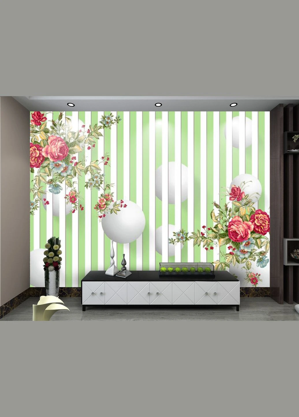 3D фотошпалери "Зелено-біла смужка" No Brand (316309871)