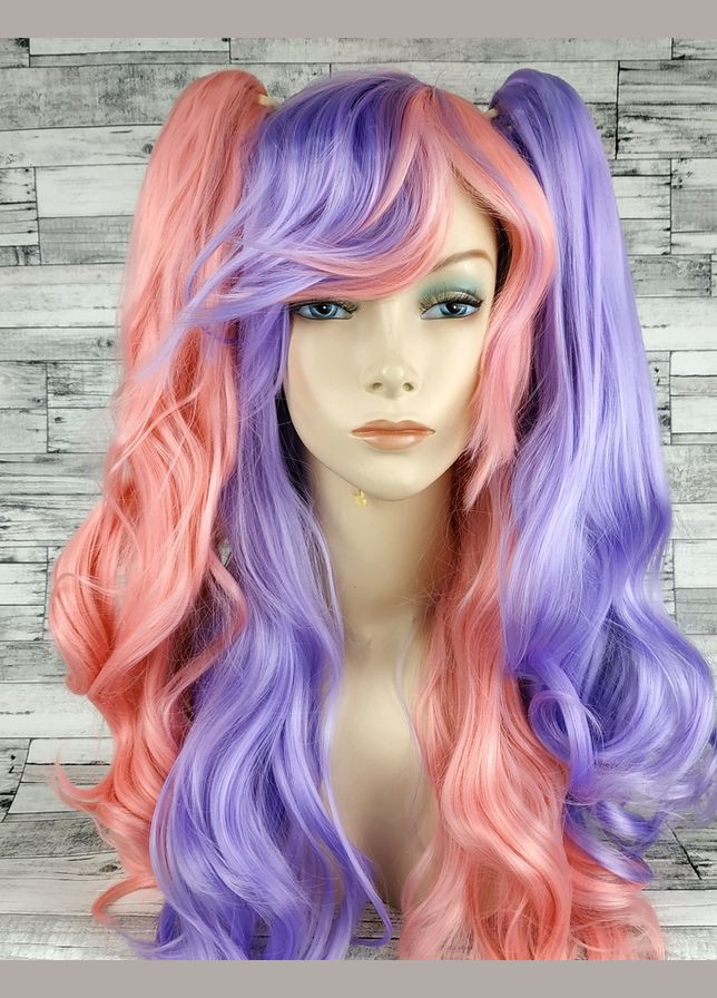 Перука різнокольорова рожева з фіолетовим з двома хвостами Лоліта хвиляста довга 65см жіноча штучна з довгим No Brand 6824 (322056109)