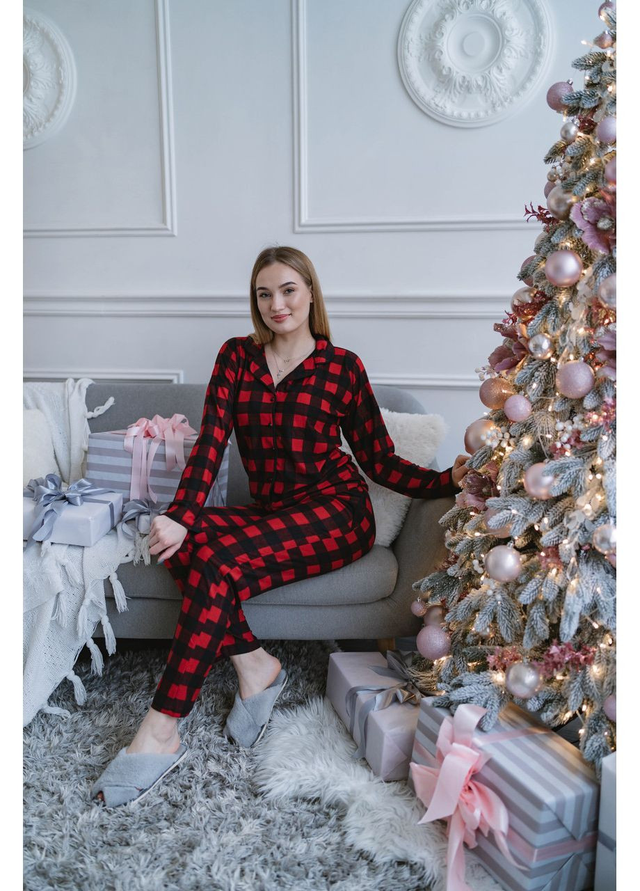 Красная всесезон утепленная пижама женская на пуговицах свободного кроя штаны + рубашка на длинный рукав ( красная клетка ) кофта + брюки Pijamoni