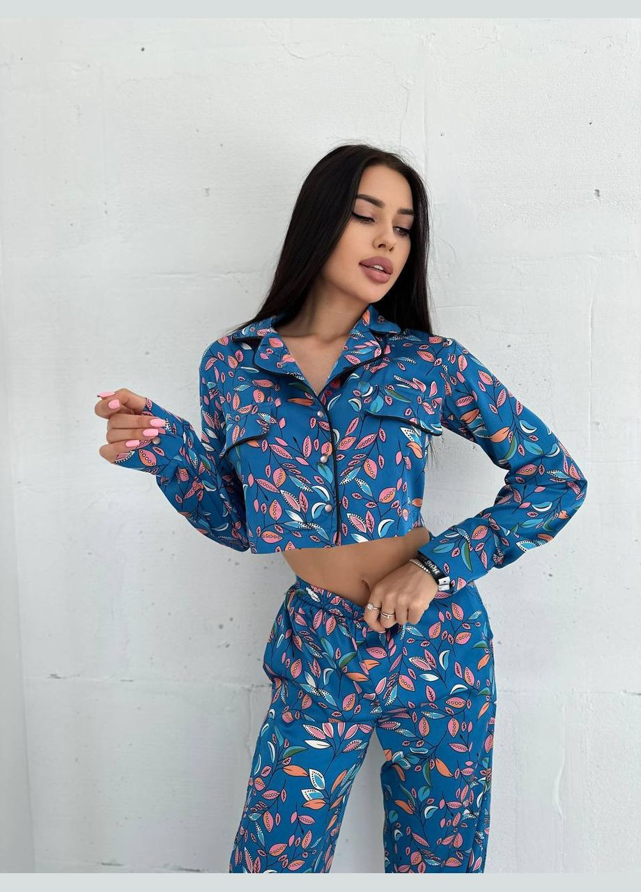 Женский костюм с кроп-топом и широкими брюками из искусственного шелка. MonCher (334676411)