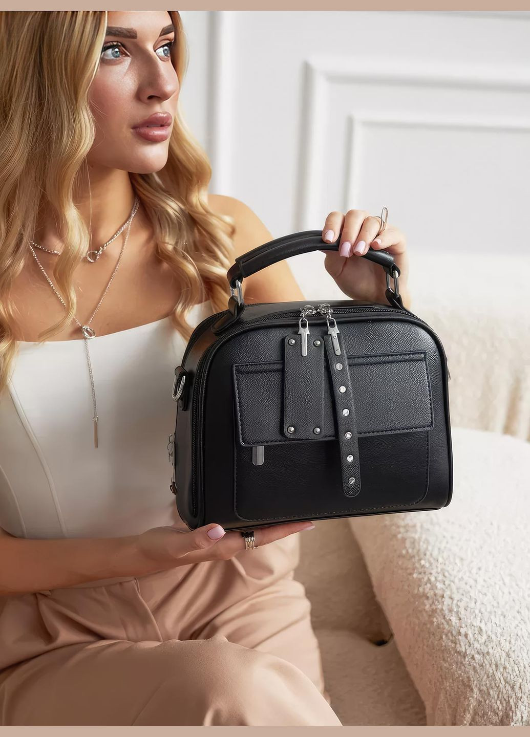 Стильная женская сумочка через плечо / вместительная сумка кросс-боди с широким ремнем 2024 9384 Черный 70153 OnePro (278811242)