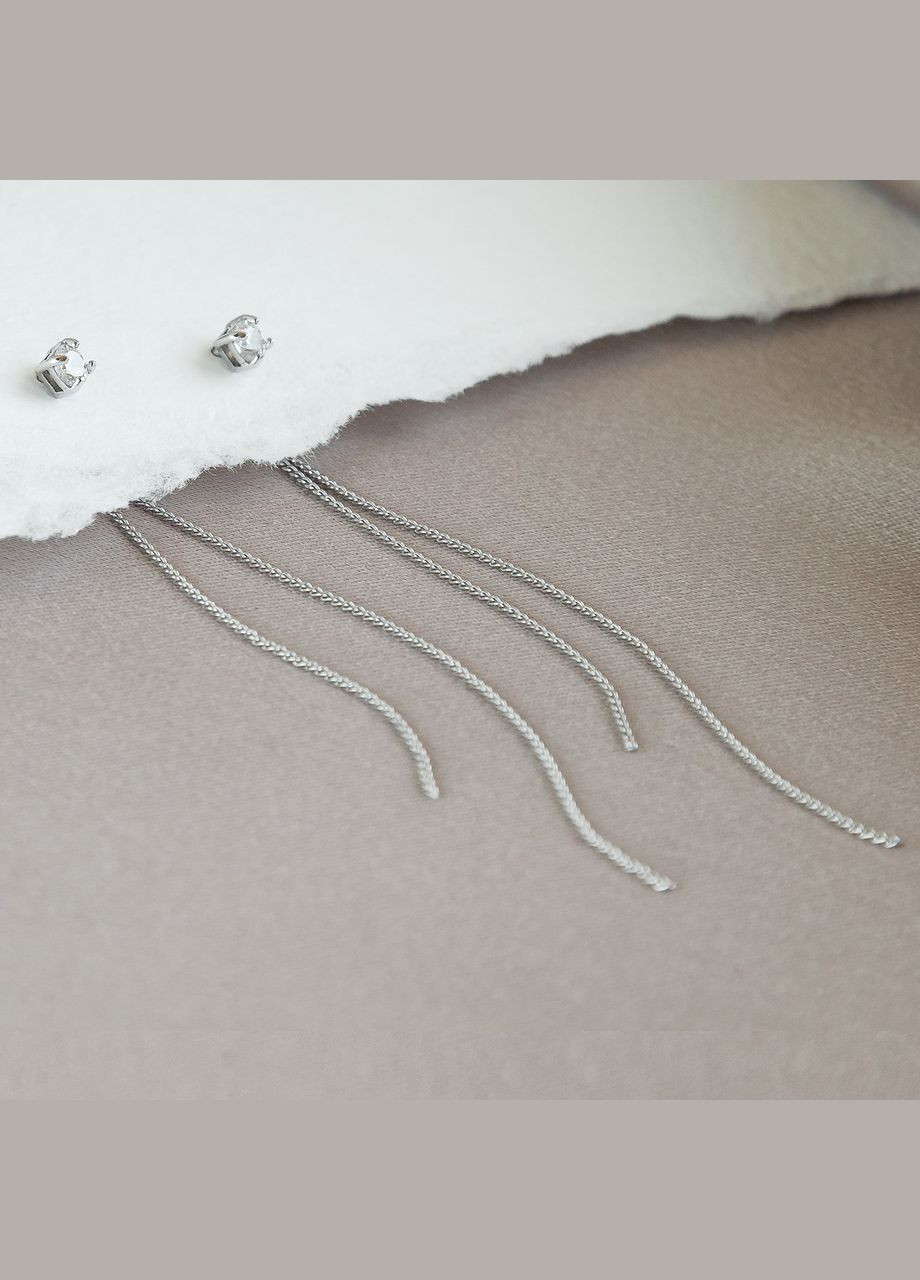 Серьги серебряные пусеты Камешек с двумя цепочками No Brand (333705310)