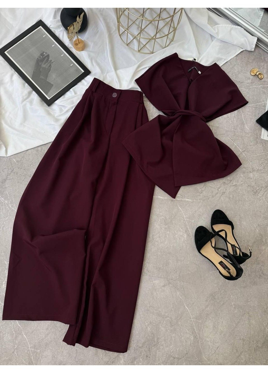 Костюм 2–ка з костюмки, з жилеткою та широкими штанами мод ЛКК-202, марсала, 50-52 No Brand (355469822)