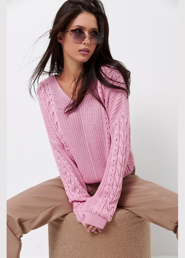 Розовый демисезонный джемпер из хлопка и вискозы с ажурными косами (2720) Triko Bakh
