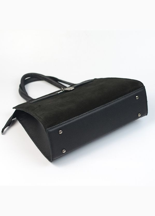 Чорна замшева шкіряна жіноча ділова каркасна сумка саквояж з ручками та довгим знімним ремінцем Serebro (315370741)