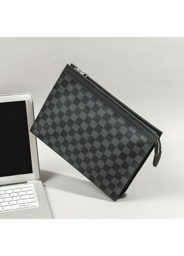 Клатч чоловічий з екошкіри сірий великий у клітку гаманець сумка на ремінці для документів та дрібниць ProDobro (363259903)