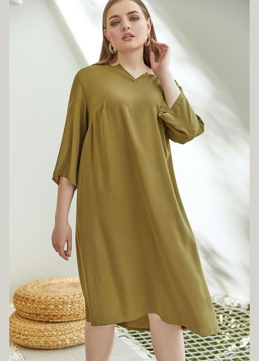 Оливковое платье с v-образным вырезом из штапеля оливковое Vovk