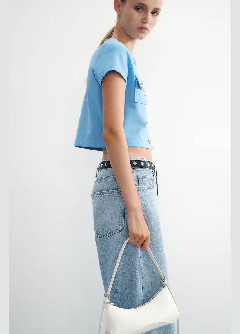 Блакитна короткий жіночий блакитнийтоп із вафельного трикотажу - s H&M