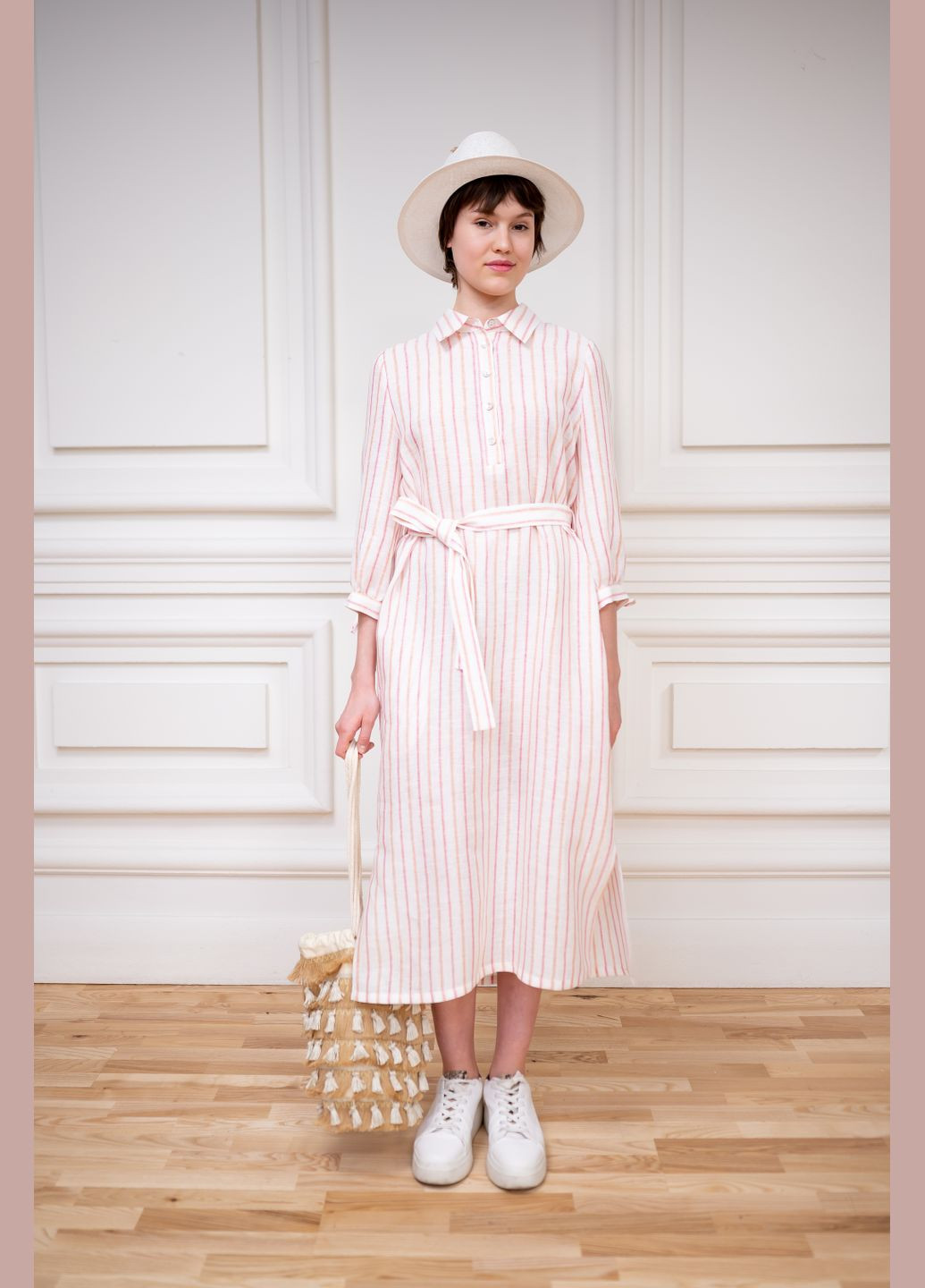 Розовое льняное платье в бежевую полоску в морском стиле гвен Dolcedonna