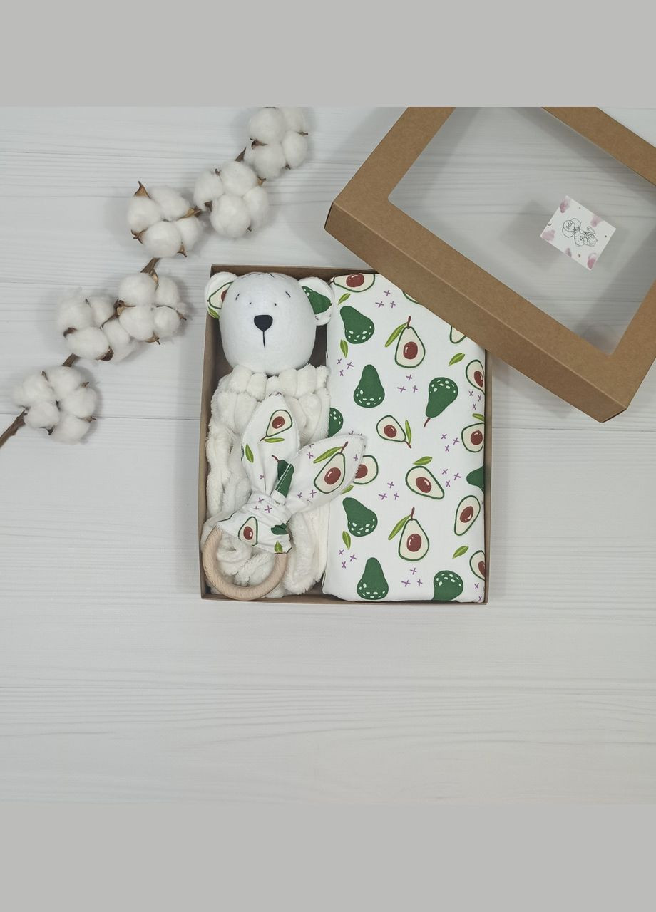 Комплект для малюка: пелюшка, комфортер, гризунок a.l.babybox Авокадо Білий No Brand (308379645)