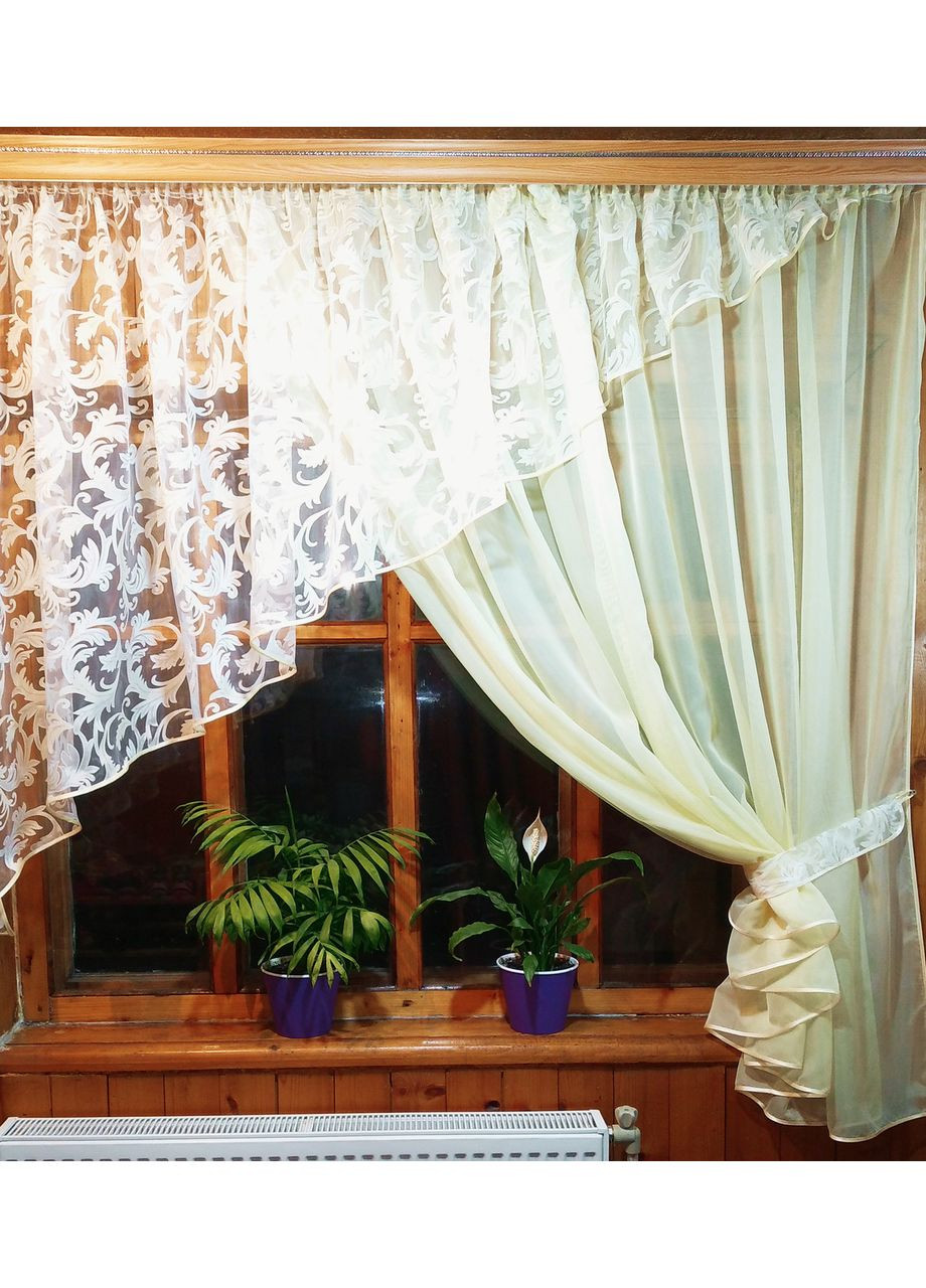 Кухонна фіранка коротка готова Анжелика лимонний вензель права No Brand (372134105)