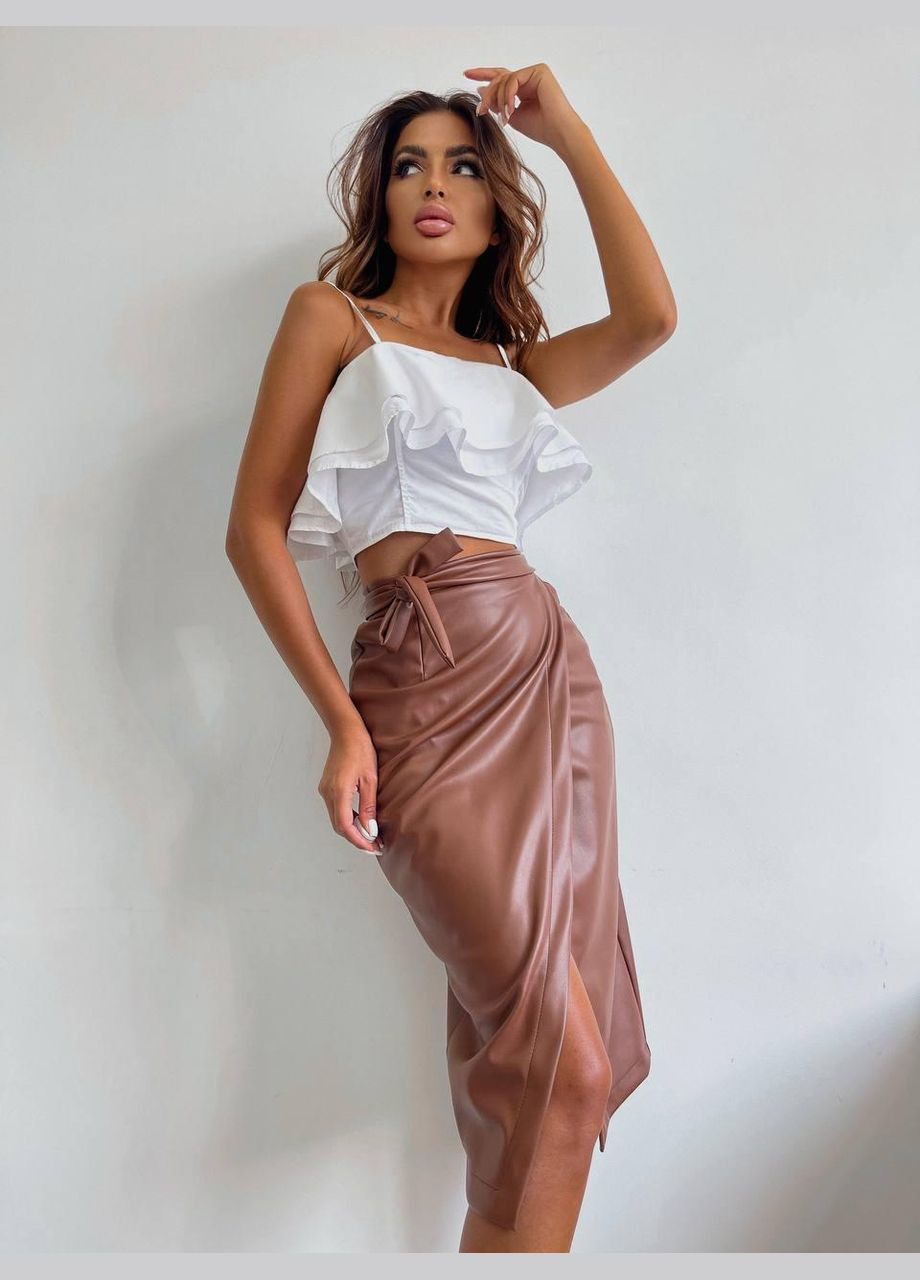 Коричневая повседневная однотонная юбка женская - на запах, премиум качества JUGO на запах