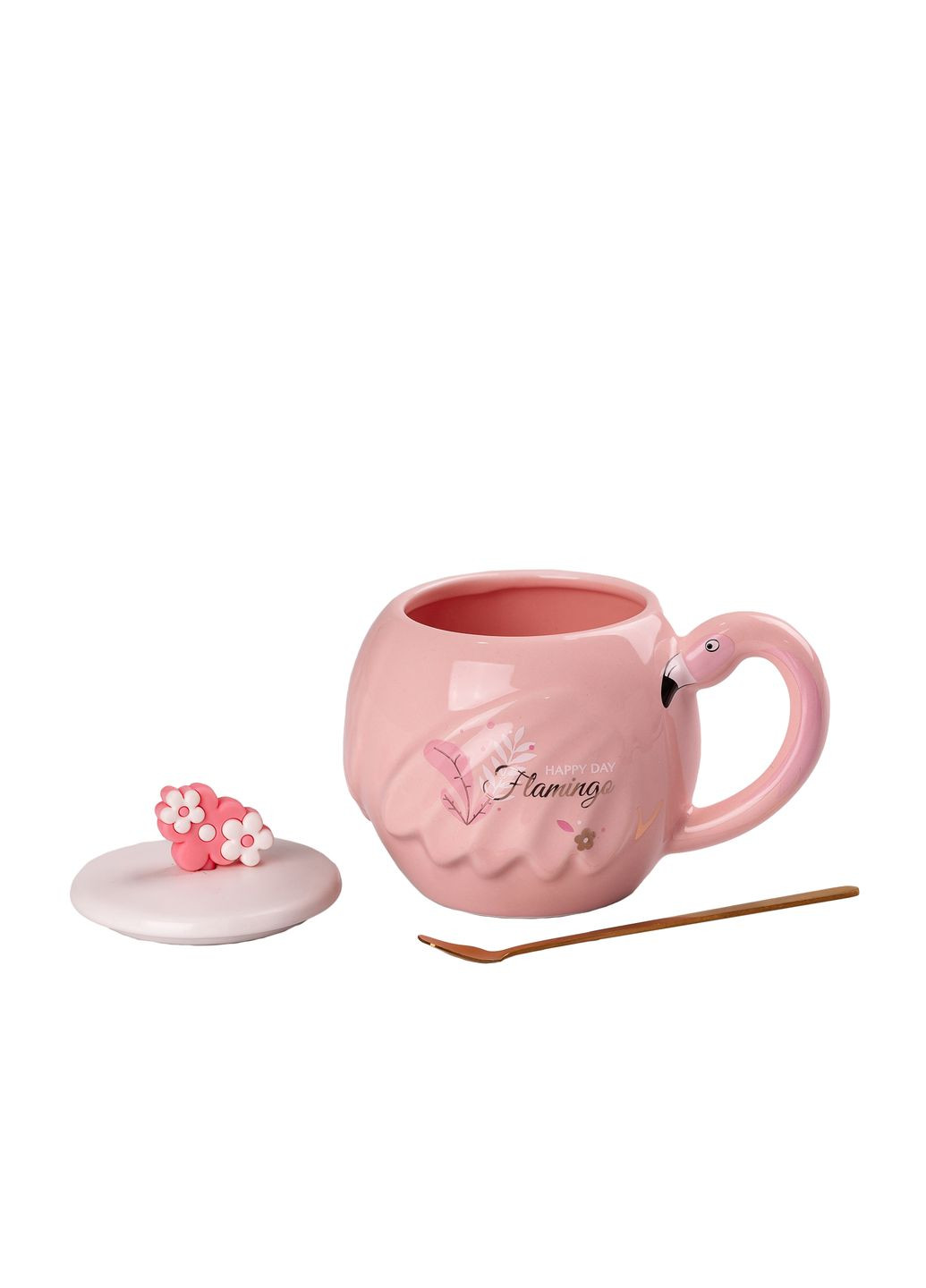 Чашка керамическая 500 мл Фламинго с крышкой и ложкой, Happy day Happy Life (323641485)