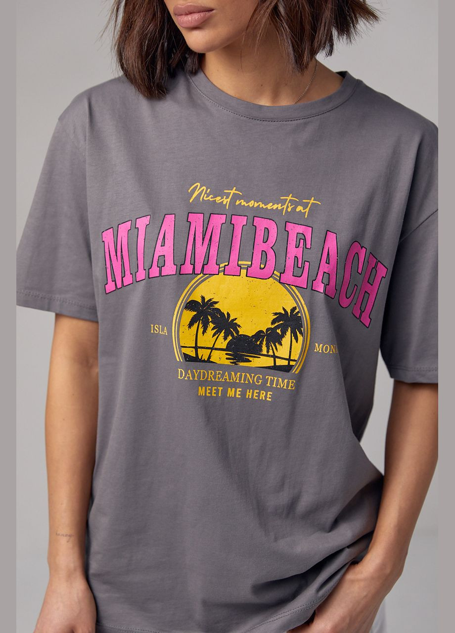 Сіра літня трикотажна футболка з принтом miami beach Lurex