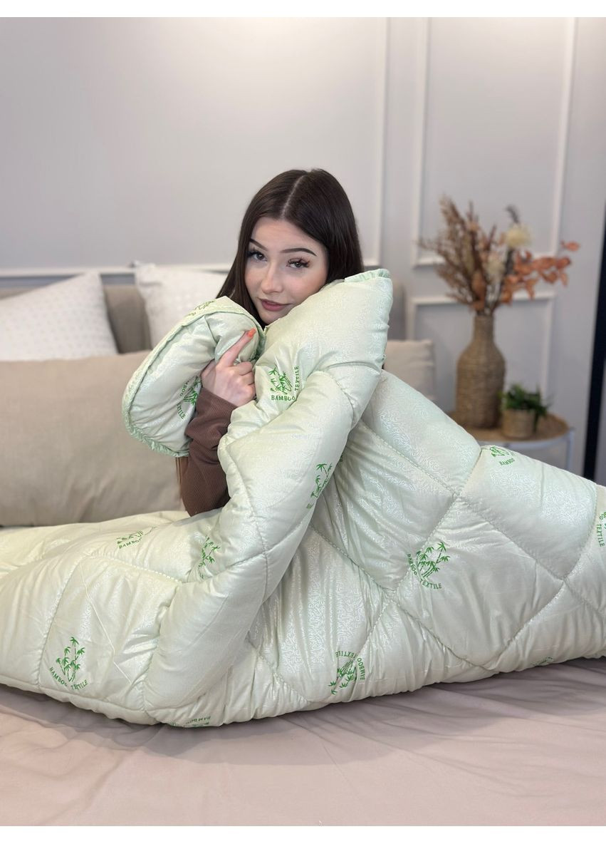 Ковдра полуторна стьобана зимова з бамбукового волокна 21528 145х210 см салатова Leri Max (365680367)