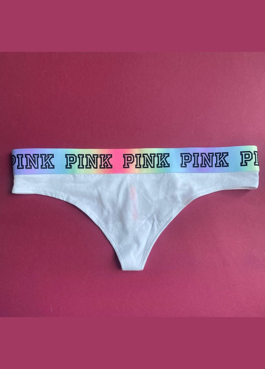 Трусики-стрінги жіночі бавовняні з лого PINK Thong Panty білі Victoria's Secret (314770034)
