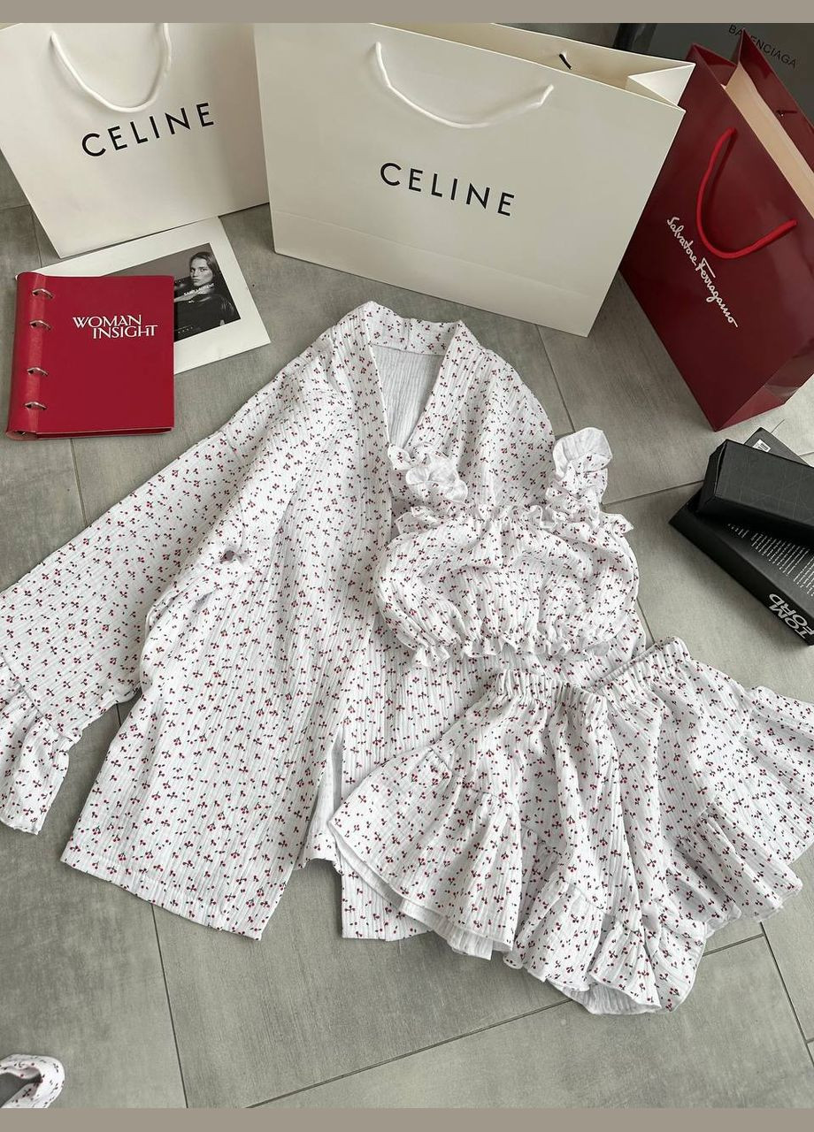 Комбинированная всесезон женский уютный муслиновый костюм-пижама тройка: халат топ и шортики муслин No Brand