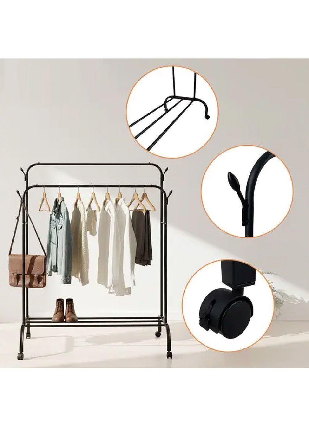 Вішалка стійка підлогова подвійна на колесах для одягу з бічними вішалками полицею для взуття 150x110x57 см (482185-Prob) Unbranded (371727590)