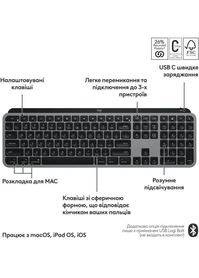 Клавіатура MX Keys S для MAC Bluetooth/Wireless UA Space Grey (920-011637) Logitech (390940428)