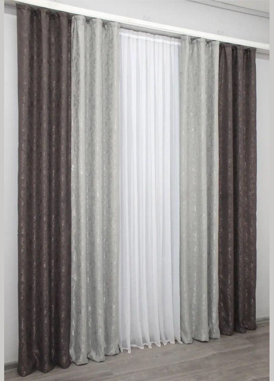 Штори для вітальні 2 шт штори 1.5 х 2.7 м + тюль 4 х 2.7 м Сірий (П4К-014дк (1288-1179ш)-02) No Brand (306633978)