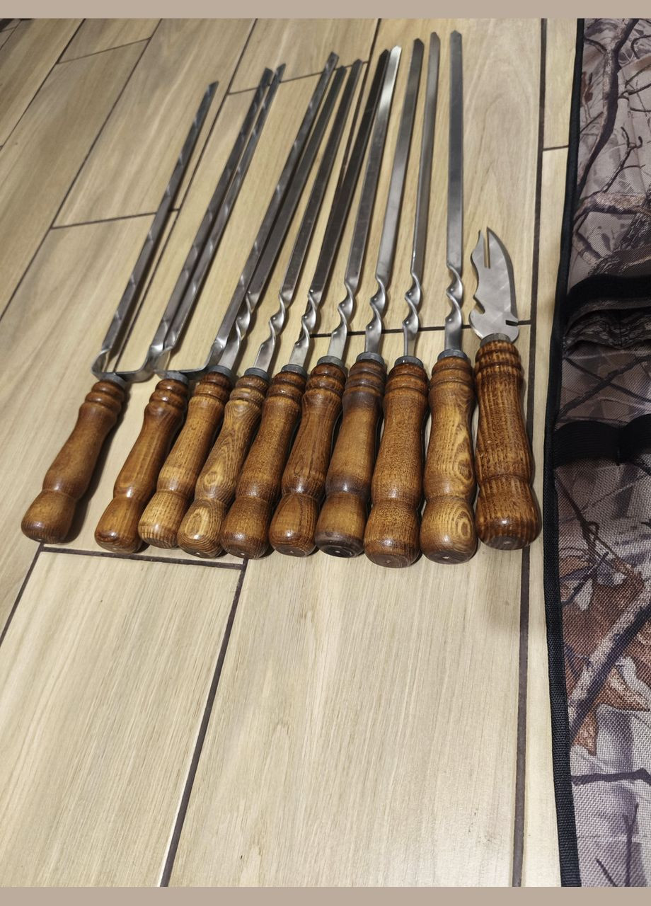 Набір шампурів з дерев'яними ручками у чохлі. Шампури з нержавійки 3мм для шашлику. Шампури на подарунок. No Brand (323484857)