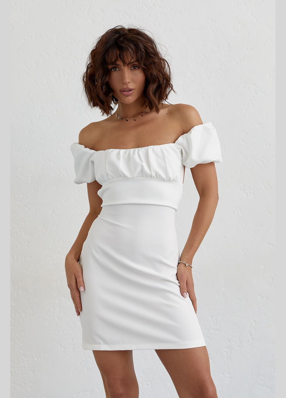 Белое повседневный короткое платье со шнуровкой на спине 2461 Lurex однотонное