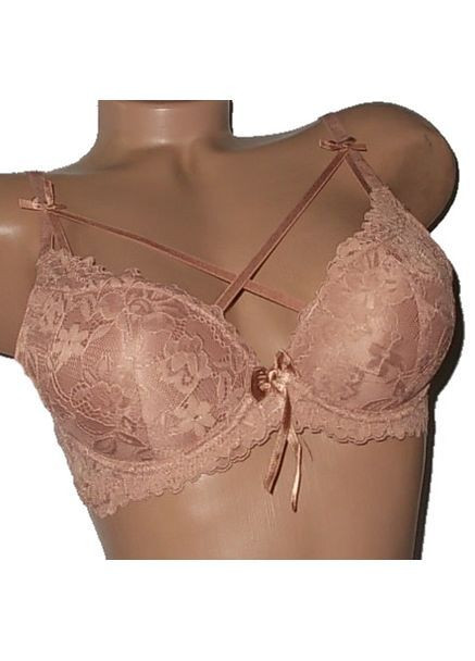 Коричневый бюстгальтер с формованной чашкой в бюстик на поролоне с кружевом портупеей Biweier с косточками