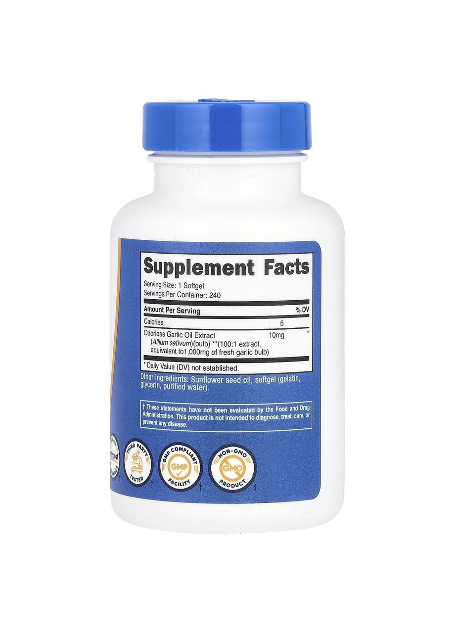Екстракт часнику Odorless Garlic Oil Extract 1000 мг 240 капс. Nutricost (346514402)
