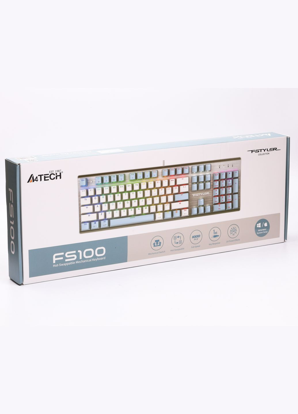 Клавіатура FS100 (Icy Blue) механічна ігрова, неонове підсвічування, USB, FS Switches, срібляста A4Tech (333825030)