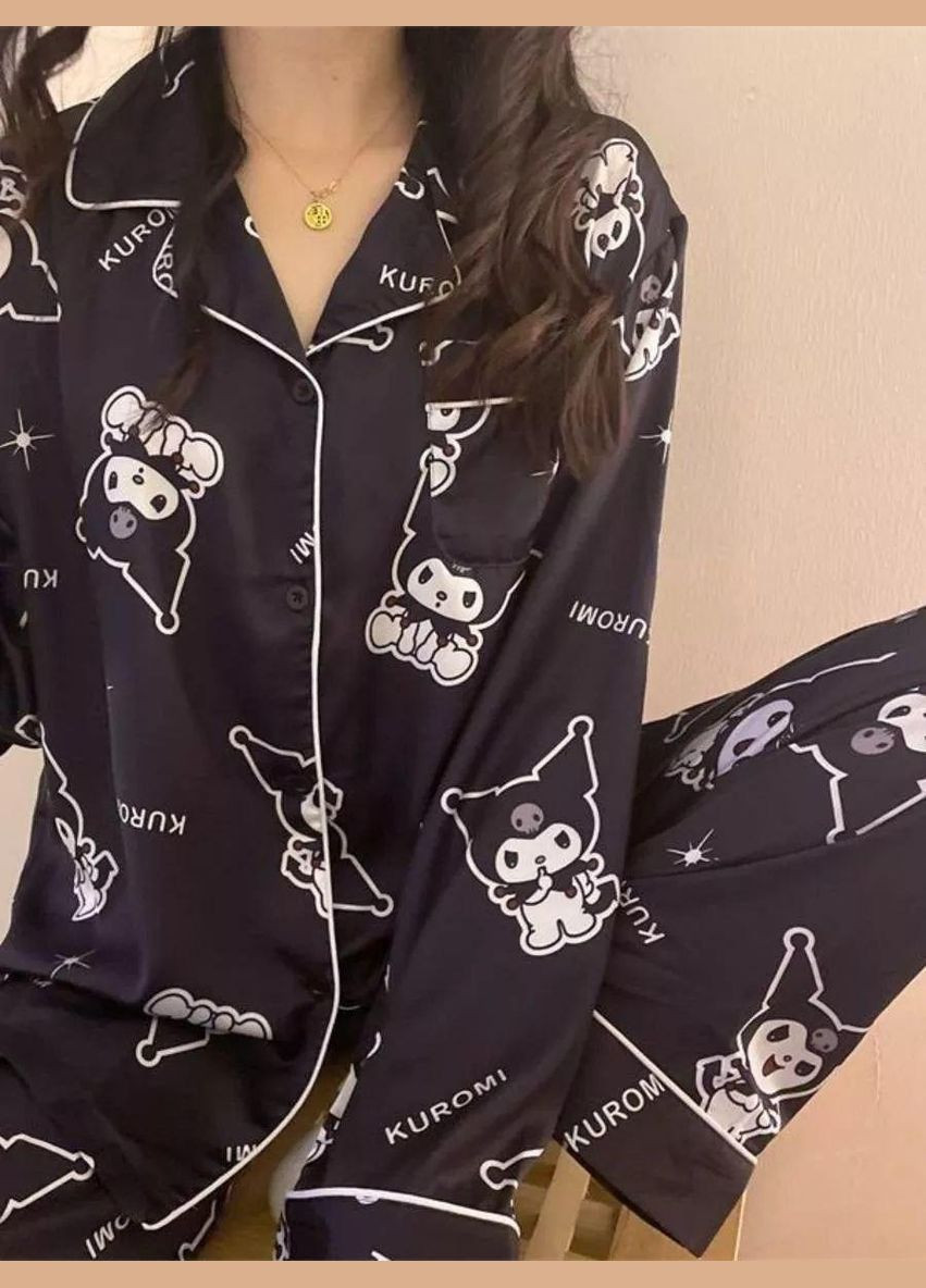 Чорна всесезон піжама для дівчат підліткова бамбукова оверсайз чорна малюнок kuromi сорочка + брюки No Brand Дівоча піжама Kuromi