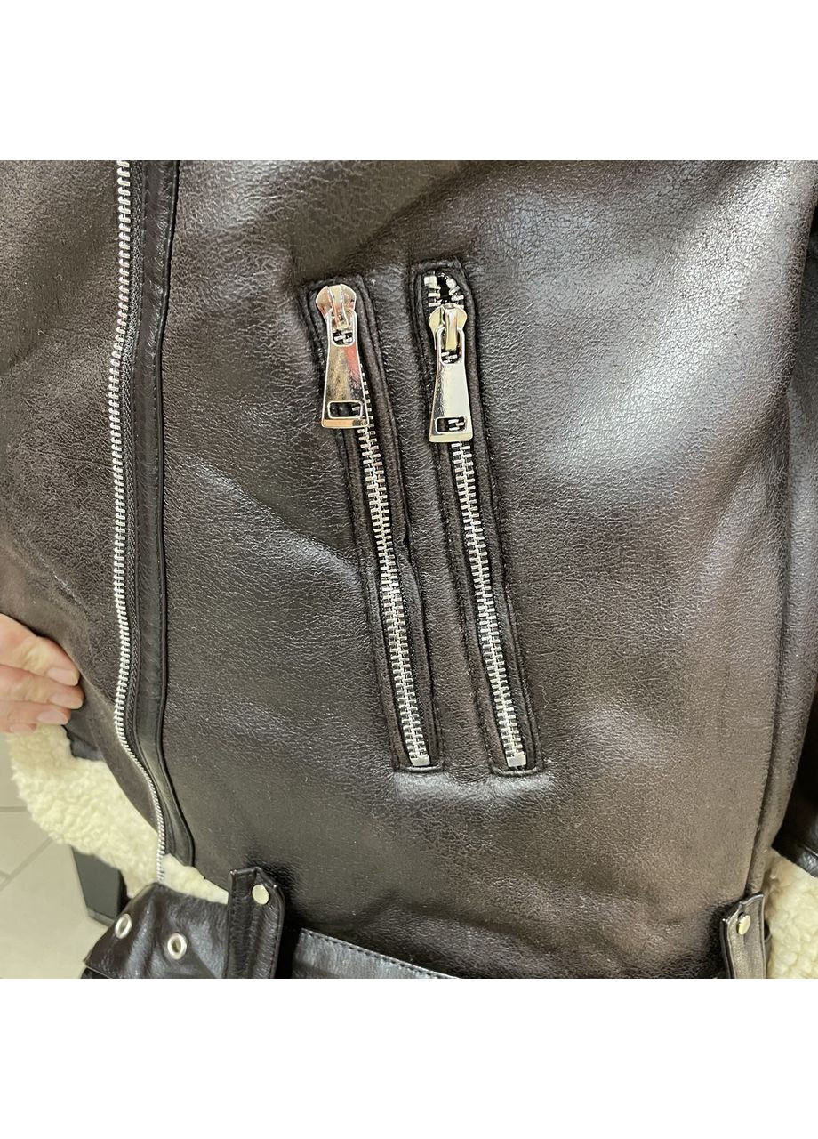 Коричнева зимня куртка жіноча дублянка косуха хутро екошкіра кишені l коричнева No Brand