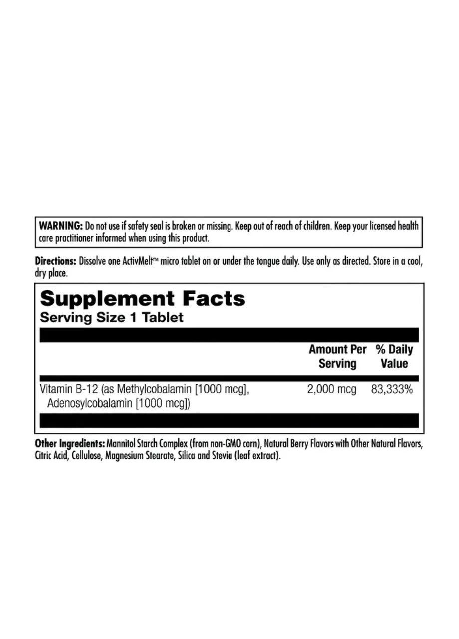 Метилкобаламин B-12 Methylcobalamin and Adenosylcobalamin 2000 мкг, 60 таблеток KAL (366449057)