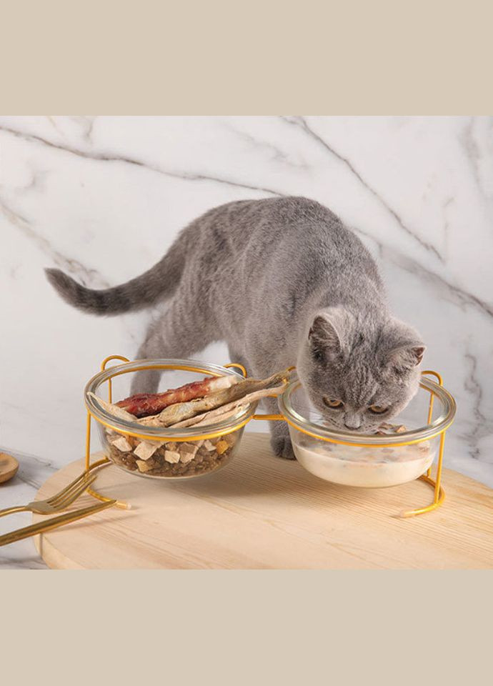 Подвійна миска для котів та собак на підставці, 2 х 500мл Gold (299915533)