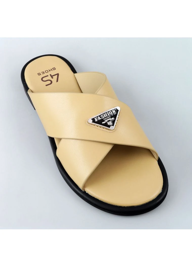 Шльопанці жіночі шкіряні Бежеві однотонні літні Seli 4S Shoes (401479963)