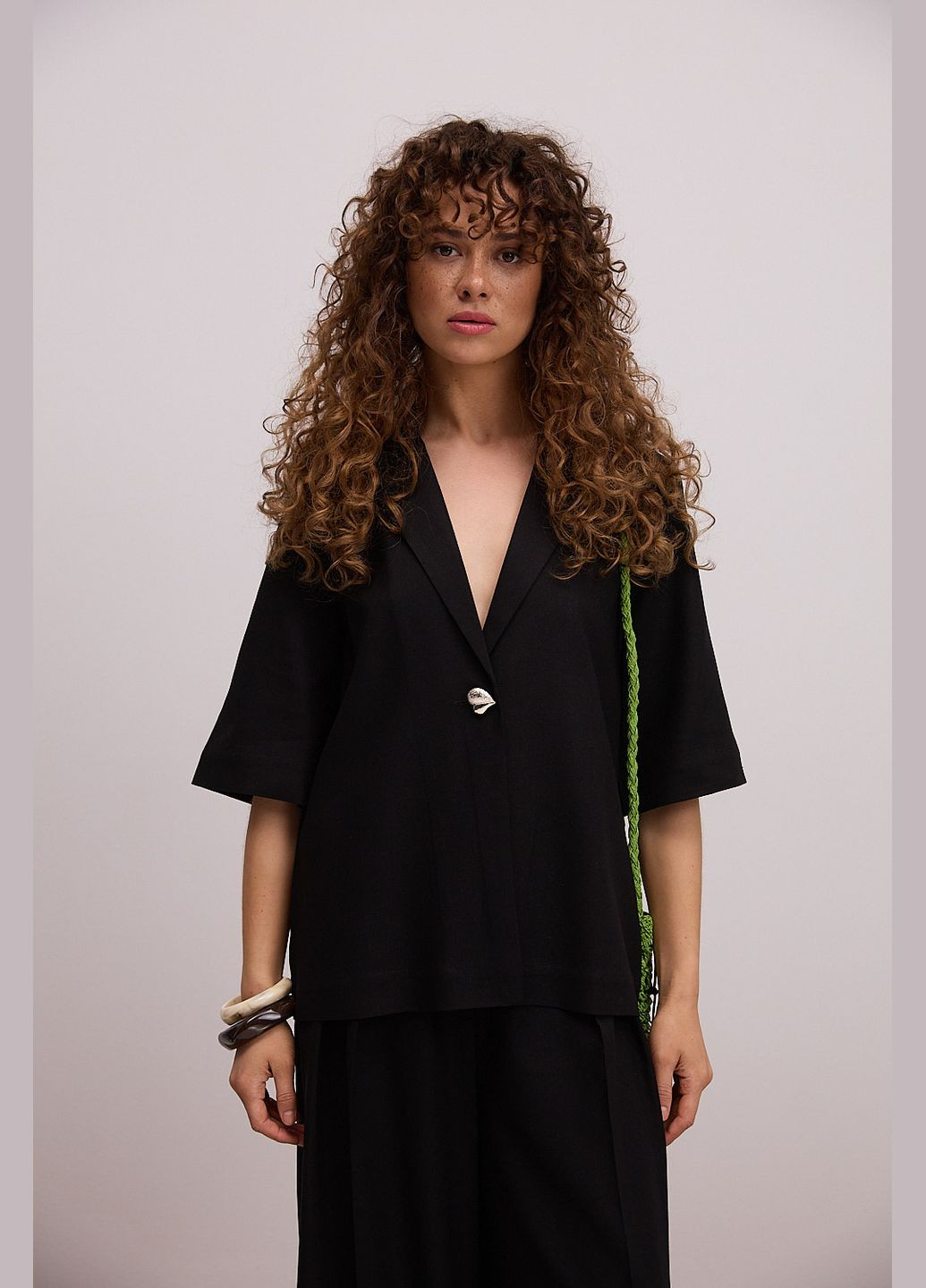 Літній лляний жакет з короткими рукавами шоколадний Arjen (340917497)