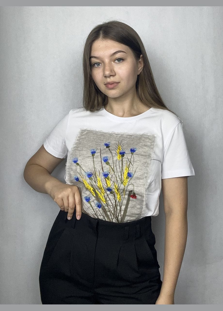 Комбинированная всесезон футболка женская летняя с колосками белая mknk200429-2 Modna KAZKA