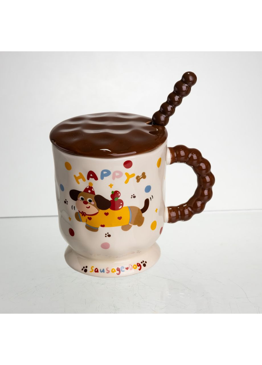 Новогодняя фарфоровая чашка "Веселая Такса" с крышкой и ложкой 400 мл, Праздничная кружка чашка для детей на подарок FM-17A Yiwu (370973977)